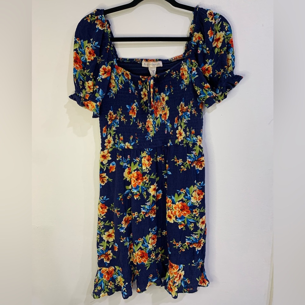 Floral Milkmaid Dress Puff Sleeves Smocked Bodice Square Neckline Size M Boho